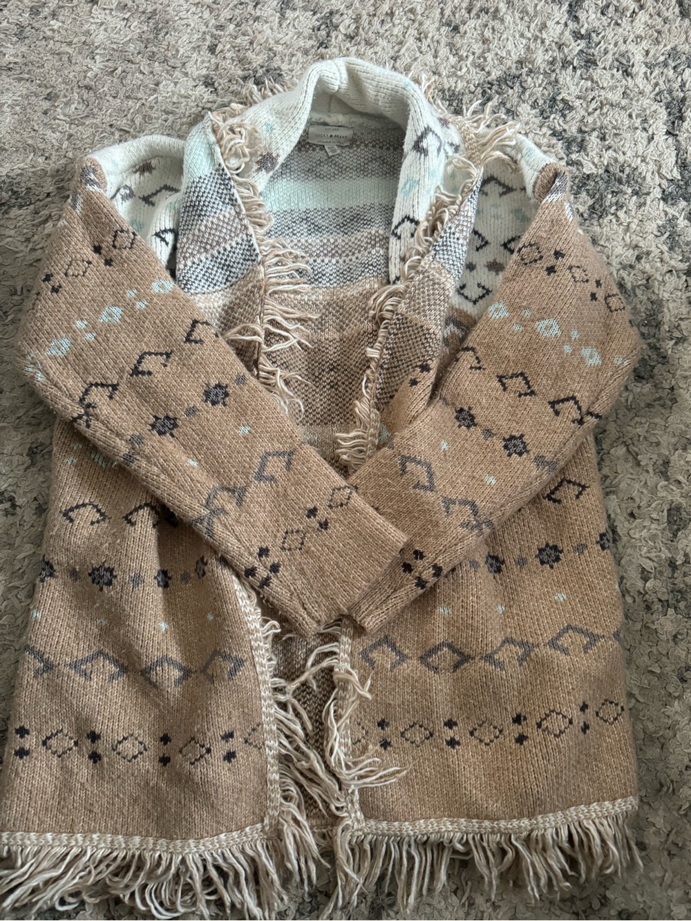 Lucky Brand Tan Fringe Patterned Open-Front Cardigan